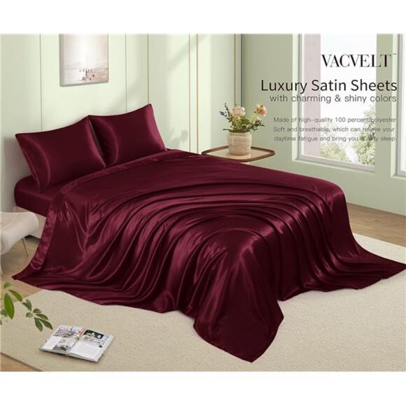 VACVELT 4pcs Burgundy Satin Sheets Queen Size Bed Set, 15 Inch Deep Pocket - Picture 3 of 8